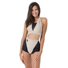 Invertika Women's Pole Dance Sports Suit with Mesh and Adjustable Leg Cut with Laces, Made in Italy, beige