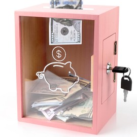 Mczcent Clear Piggy Bank with Lock, Large Money Saving Jar Money Bank Box Container for Cash Saving, Openable Clear Money Coin Change Bank Jar Container Penny Piggy Jar Bank for Adults Kids, Pink