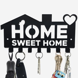 JJ PRIME - Black Key Holder for Wall | Key Hooks Wall Mounted with 7 Hooks | Key Rack House Key Holder Wall Mounted | Key Hooks for Wall Mounted Key Holder Hallway, Office, Entryway (Home Sweet Home)