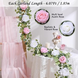 Waipfaru 6.07FT Artificial Eucalyptus Garland with Flowers, Fake Rose Gypsophila Floral Garland, Greenery Garland Floral Vines for Wedding Table Backdrop Party Centerpiece Room Decor