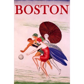 WONDERFULITEMS Boston Summer Beach Happy Women Playing Ball Sun Umbrella USA Travel 20" x 30" Image Size Vintage Poster repro Canvas Rolled up. We Have Other Sizes