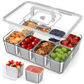 Snackle Box Container with 8 Removable Stainless Steel Containers – Clear Divided Serving Snack Tray with Lid & Handle – Leak-Proof for Wet/Dry Food – Perfect for Parties, Travel, Office
