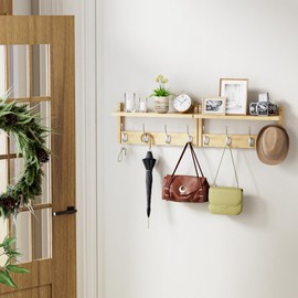 STELLSTAR Coat Rack with Shelf, 2 Pack Bamboo Wall-Mounted Coat Hanger with 8 Hooks for Entryway, Hallway, Kitchen, Bathroom, Living Room, Utility Room (Natural)