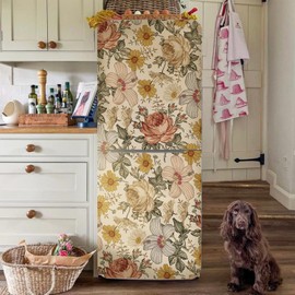 LiveInUrban Vintage Boho Texture Vinyl Fridge Mural Peel and Stick, Retro Flower Refrigerator Mural Wrap Floral Sticker for Bedroom Living Room Home Decor