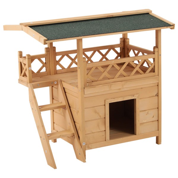 PawHut 2-Story Indoor/Outdoor Wood Cat House Shelter with Roof