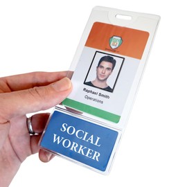 Social Worker BadgeBottom Vertical Badge Buddy & ID Holder Combo - Heavy Duty 2 in 1 Badge Bottom I’D Protector - USA Printed Double Sided Role Card by Specialist ID (Blue)