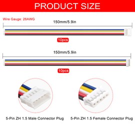 Lyeteung 10 Pairs Mini Micro JST-ZH 1.5 Plug Connector, JST 5 Pin Micro Electrical Male and Female Connector Plug Wire Cable, with 150mm 26AWG Wire