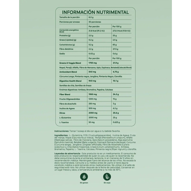 Greens Support Prebióticos Y Enzimas Digestivas 30 Ingredi