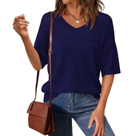 PRETTYGARDEN Women's Short Sleeve Sweater Tops 2025 Spring Summer Casual V Neck Ribbed Knit Trendy Eyelet Blouse T Shirts (Dark Royal Blue,Large)