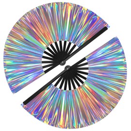 MEIVINES Boots on The Ground Fan,2PCS Large Clack Folding Hand Line Dance Popping Rave Fan,Big Handheld Clap Fans for Line Dancing EDM,Music Festival,Club, Event, Party, Performance (Silver Laser)