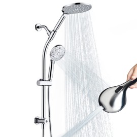 High Pressure Handheld/Rain 3-way Shower Head Combo with 26" Adjustable Drill-free Stainless Steel Slide Bar, 10-Mode Handheld Shower Head & 7.48" Rain Shower Head with 5ft Hose - Polished Chrome