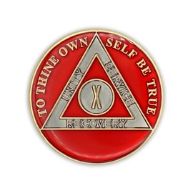 10 Year Sobriety Coin | Triplate AA Chip Recovery Anniversary Token (Red)