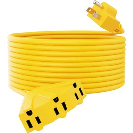 PLUGTUL 50FT Outdoor Extension Cord with Multiple Outlets, 14 Gauge, 3-Outlet, SJTW, 15A 14AWG 1875W SJTW, ETL Listed - Great for Garage, Garden and Home, Yellow