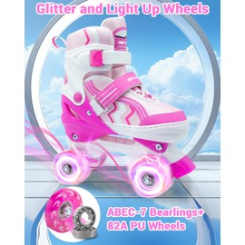 Roller Skates for Kids, Adjustable Quad Skates for Youth Teen Age 5-8 with Light Up Wheels, Children Beginners Rollerskates for Indoor Outdoor Spots