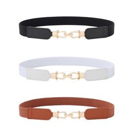 AWAYTR Women Skinny Stretchy Belt - Thin Elastic Waist Ladies Belt with Light Gold Buckle for Dress Pants(Black+Brown+White,90cm)
