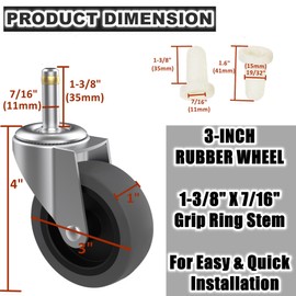RILIDRI 3-Inch Swivel Stem Caster for Rubbermaid Mop Bucket Utility Cart, 7/16-Inch Stem Diameter Rubber Wheel Set of 4, Heavy Duty TPR Weber Grills Shop Vac Replacement Wheels