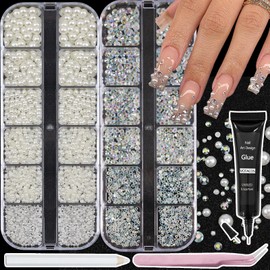 VOTACOS Nail Art Pearls Rhinestones with Glue Gel Flatback Cream Pearls AB Rhinestones Nail Charms Mixed Size 0.04-0.2in Nails Gems Pearl Accessories for Women Nails Design Decoration