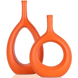 Orange Ceramic Vase Set 2,Modern Hollow Circle with Hole Flower Vase for Home Decor,for Table Centerpieces,Farmhouse,Fire Place,Living Room,Bedroom,Office,Bookshelf,Rustic Decor