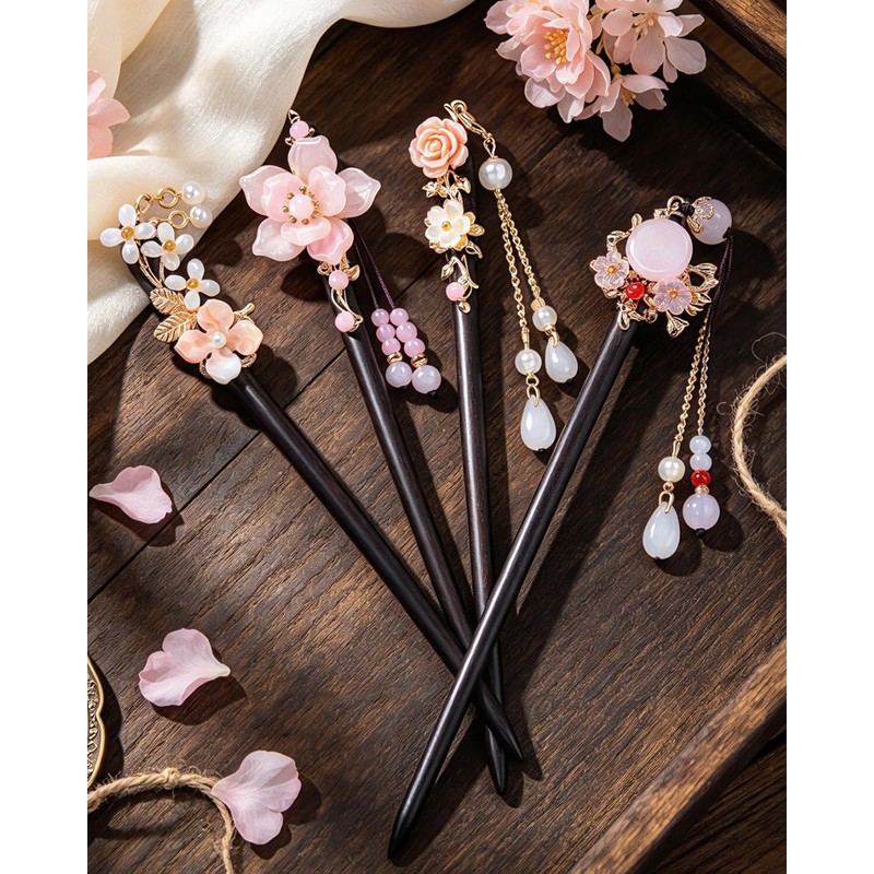 4 Pcs Chinese Hair Sticks for Women White Pink Flower