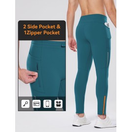 baleaf Mens Leggings Active Yoga Thermal Running Tights Winter Compression Leggings with Pockets Cold Weather Gear Blue M