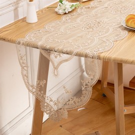 Lace Embroidery Tablecloth, Oval Table Runner, Embroidered, Vintage Flower Pattern Doily, Boho Table Runner for Wedding, Party, Dinner Table Decor, Champagne, 42 x 220 cm