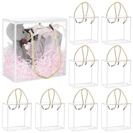 BENECREAT Set of 10 Transparent Gift Boxes, 14 x 14 x 7.5 cm Large Gift Boxes with White Lace Edge and Handle for Jewellery Storage Display, Wedding, Valentine's Day