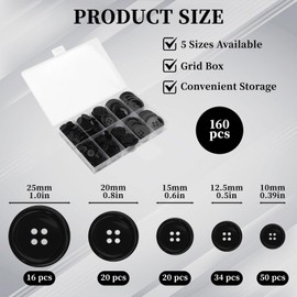 160PCS Black Buttons for Crafts Buttones, Round Assorted Button Replacement 4-Hole/5-Size Black-Buttons Mixed Sewing-Button for Coats, Shirts, Pants, Shorts, DIY (0.39"/0.5"/0.6"/0.8"/1 Inch)