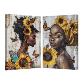 SWQYLB Black African Woman Wall Art 2 Pieces Abstract Girl Prints Sunflower Butterfly on Woman Head Pictures African American Canvas Art Wall Decor Framed (12"x16"x2 Pieces)