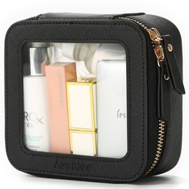 Aveniee Mini Clear Makeup Bag, Small Cosmetic Pouch Travel Toiletry Storage, TSA Approved Clear Makeup Case with Zipper, Car Organizer for Essentials(Black)