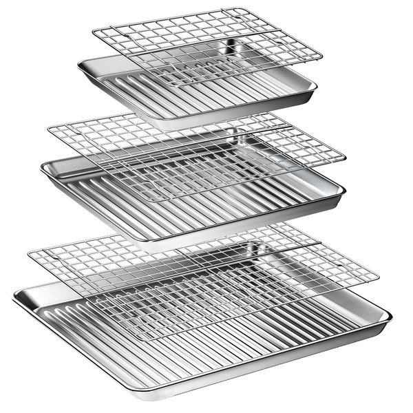 Baking Sheet with Rack Set (3 Pans + 3 Racks), Stainless Steel Cookie Sheet with Cooling Rack For Oven, AIKKIL Nonstick Baking Pan, Warp Resistant & Heavy Duty & Easy Clean, Dishwasher Safe