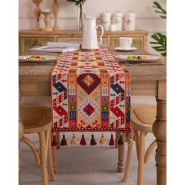 Clothfuna Runner per tavolo da pranzo in stile bohémien, runner per tavolino da caffè arancione autunnale, runner indiano per tavolo in stile etnico con nappe, per tavolo da pranzo, credenza, feste e