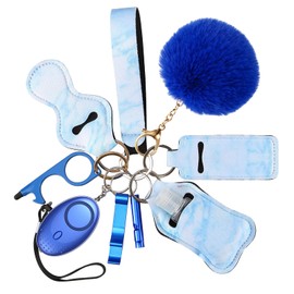 Safety Keychain Set for Women and Kids,Personal Safety Alarm,Soft Pom Pom and Whistle (Blue)