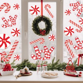 Quera Large Christmas Window Clings Candy Window Decals Merry Christmas Joy Peppermint Candy Cane Red White Holiday Decoration Glass PVC Window Decor for Home Office Party 23.62 "X 11.81"​, 2 Sheets.