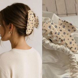 Retro Blue Floral Hair Clips -1pc Large Rhinestone Cherry Claw Clips with Diamond Design Sweet Blueberries Floral Acetate Hair Claw Clip Elegant Elongated Arc Shape Hair Accessories for All Hairstyle