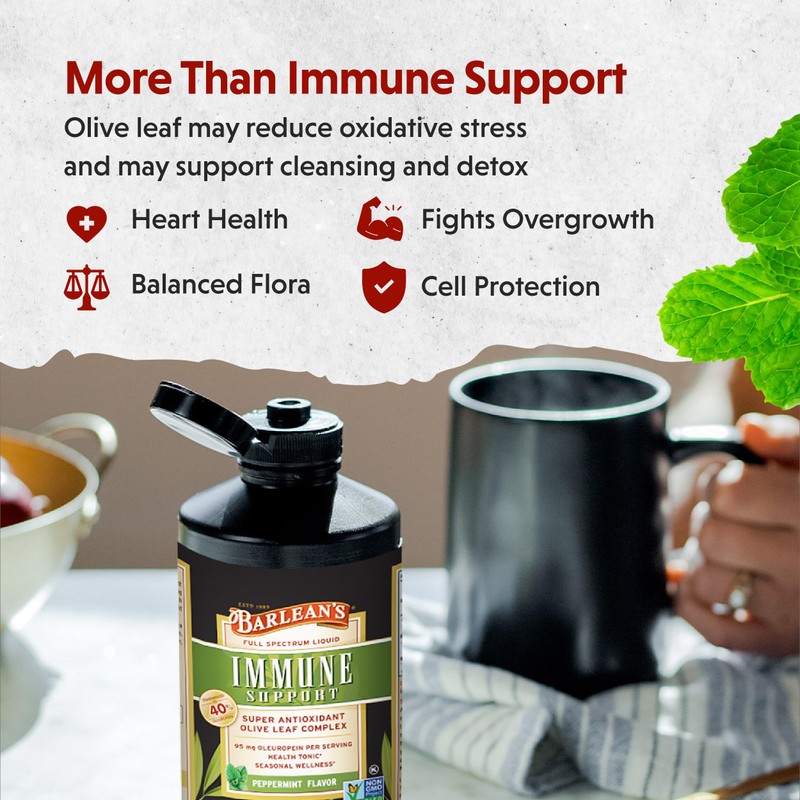 Barlean's Peppermint Olive Leaf Complex Liquid Immune Support Supplement, 95mg