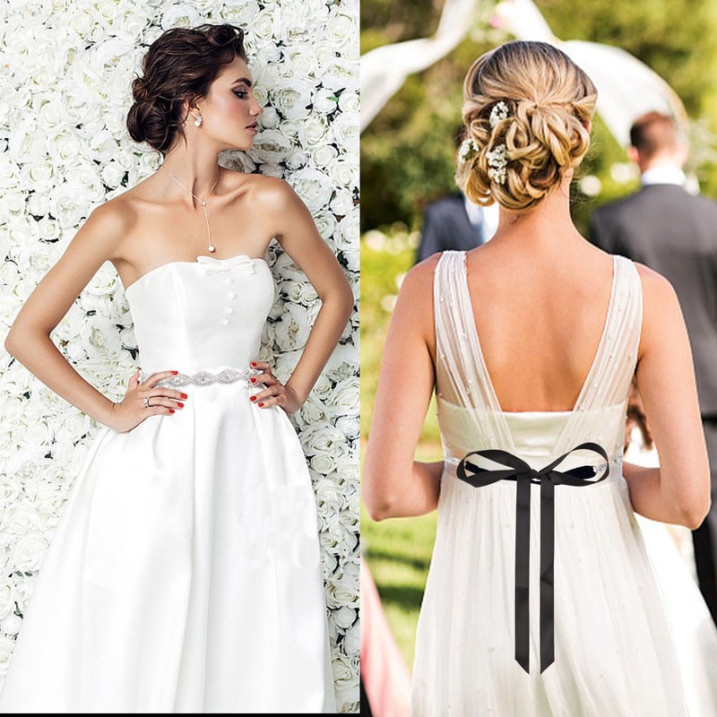 URROMA Black Wedding Bridal Belts Crystal Rhinestone Belt Bridesmaid Gown