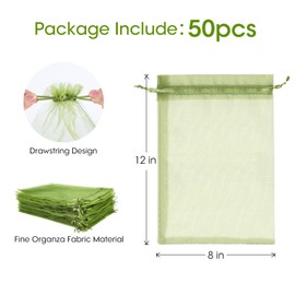 Kikhope 50Pcs Fruit Protection Bags, 8x12 Inch Olive Green Fruit Netting Cover Drawstring Mesh Bags Pest Barrier for Garden to Protect Fruit Vegetable and Flower from Birds and Insect