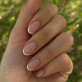 Press On Nails - Nude Pink Glitter Fake Nails - Elegant Short Almond White French Tip False Nails With Glue - Natural Oval Acrylic Full Cover Stick On Nails For Women Girls Nail Art Gift Accessories