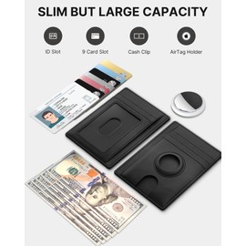 Mens Slim Wallet for Airtag, Premium Crazy Horse Leather Front Pocket Wallet with AirTag Holder, RFID-blocking Mens Wallet Card Case Compatible with AirTag(Black)