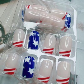 Independence Day Press on Nails Medium Length French Tips Fake Nails with Five-Pointed Star Designs 4th of July False Nails Almond Acrylic Nails Full Cover Artificial Nails Glue on Nails for Girls 24P