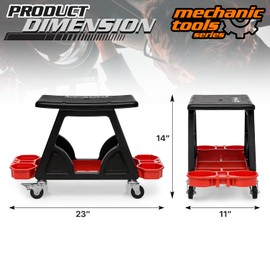 M-AUTO Mechanic Stool Detailing Seat Mobile Rolling Utility Creeper Seat w/Lockable Swivel Wheels, 300LBS Capacity Roller Creeper Seat w/Storage Tool Tray and Drawers, 23" Red