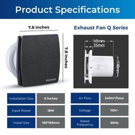 Venta 6 Inch Exhaust Fan – 1.7 Sones, Quiet Wall Mount Bathroom Exhaust Fan – Powerful 141 CFM Airflow, Anti-Backflow, Energy-Efficient - For Kitchen, Garage, Office - Black