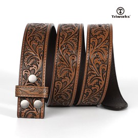TRIWORKS Western Belt Strap for Men without Buckle 1.5" Wide Floral Engraved Embossed Leather Belt Strap