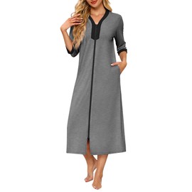 Ekouaer Women's Zipper Robe 3/4 Sleeves Housecoat Full Length Nightgown Soft Loungewear Robe with Pockets(Mid Gray, Large)