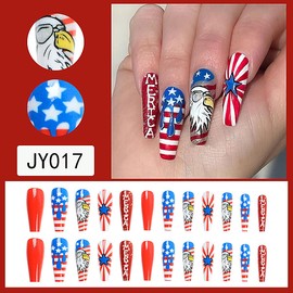 4th of July Press on Nails Long Acrylic Nails Square Fake Nails American Independence Day Celebration False Nails with Eagle Star Designs Glue on Nails Red Stick on Artificial Nails for Women and Girls 24PCS