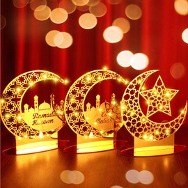 3 Set Ramadan Decoration for Home Islamic Eid Mubarak Led Acrylic Table Centerpiece Hollow Moon Star Ornament Gifts for Muslim Ramadan Party Tabletop Decor