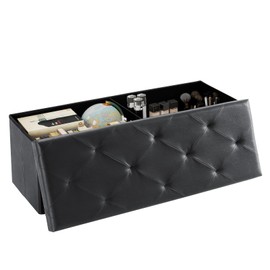 DUMOS 43 Inches Foldable Storage Ottoman Bench, Foot Rest Stool, Synthetic Leather Storage Chest with Thicker Foam Padded Seat for Entryway Living Room, Modern Black