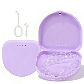 HEMILAB Retainer Case, Compatible with Invisalign, Vivera, Slim Aligner Case with Vent Holes, Portable Orthodontic Container with Removal Tool, Brush and Lanyard, Purple