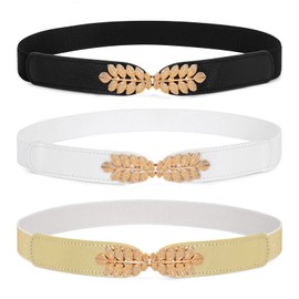 JasGood Pack of 3 Women's Elastic Thin Belt Metal Buckle Stretch Thin Waist Belt for Dress, 2-Black+White+Gold