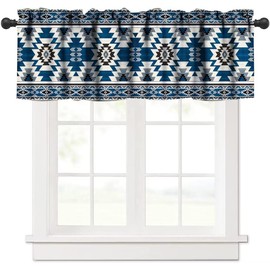 JanJCurt Blue Tribal Valance, Navajo Native American Navy Blue White Aztec Ethnic Geometric Print Blackout Short Window Curtain Drape for Kitchen Bedroom Cafe Bathroom, 54x18inch